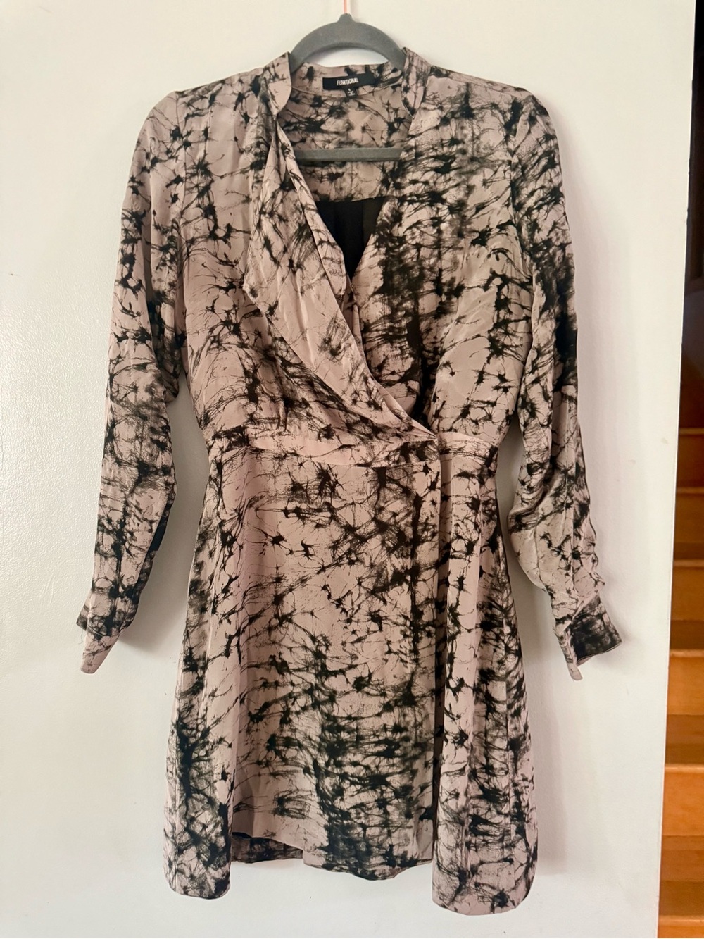 FUNKTIONAL Neutral Black Tie Dye Abstract Painterly Long Sleeve Wrap Mini Dress